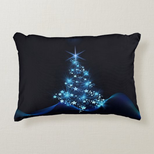 クリスマスツリーに輝く星の青い輝き アクセントクッション (正面)