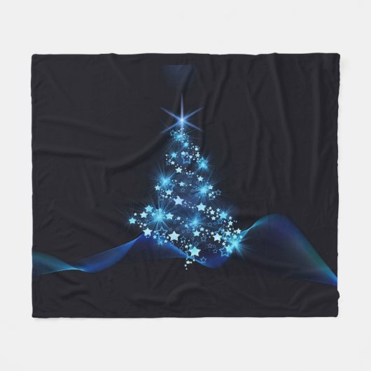 クリスマスツリーに輝く星の青い輝き フリースブランケット (正面(横))