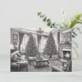 クリスマスツリーのあるビンテージスタイルのリビングルーム シーズンカード (スタンド正面)