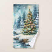 クリスマスツリーのある冬の雪景色 冬の  バスタオルセット (ハンドタオル)