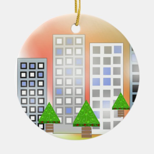 クリスマスツリーのある摩天楼 セラミックオーナメント (正面)