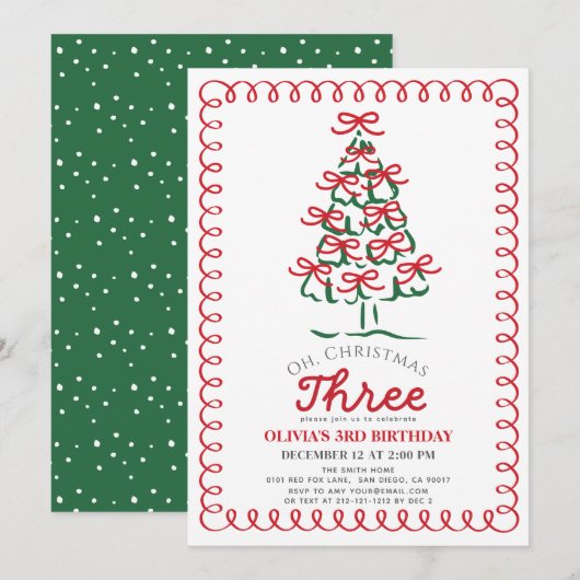 クリスマスツリーのお誕生日おめでとう 3歳の誕生日 招待状 (正面/裏面)