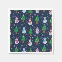 クリスマスツリーのかわいい雪だるま柄 スタンダードカクテルナプキン