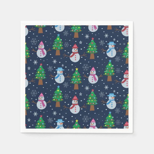クリスマスツリーのかわいい雪だるま柄 スタンダードカクテルナプキン (正面)