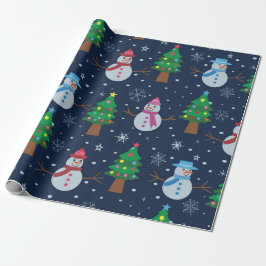 クリスマスツリーのかわいい雪だるま柄 ラッピングペーパー