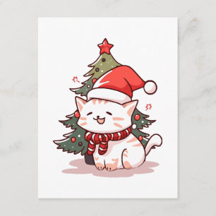 クリスマスツリーのそばでサンタの帽子をかぶったかわいい猫 エンクロージャーカード