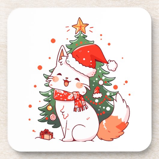 クリスマスツリーのそばでサンタの帽子をかぶったかわいい猫 コースター (正面)