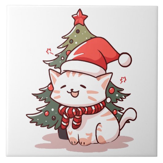 クリスマスツリーのそばでサンタの帽子をかぶったかわいい猫 タイル (正面)