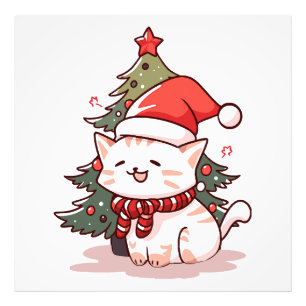 クリスマスツリーのそばでサンタの帽子をかぶったかわいい猫 フォトプリント