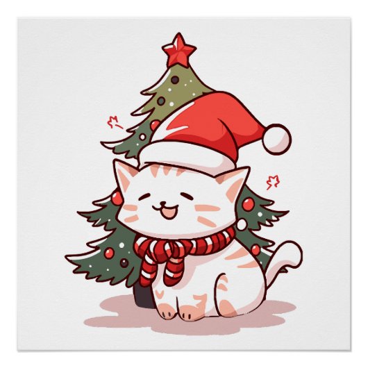 クリスマスツリーのそばでサンタの帽子をかぶったかわいい猫 ポスター (正面)