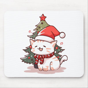 クリスマスツリーのそばでサンタの帽子をかぶったかわいい猫 マウスパッド