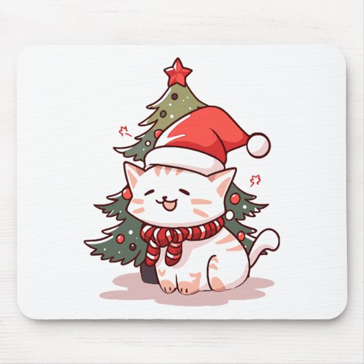 クリスマスツリーのそばでサンタの帽子をかぶったかわいい猫 マウスパッド (正面)