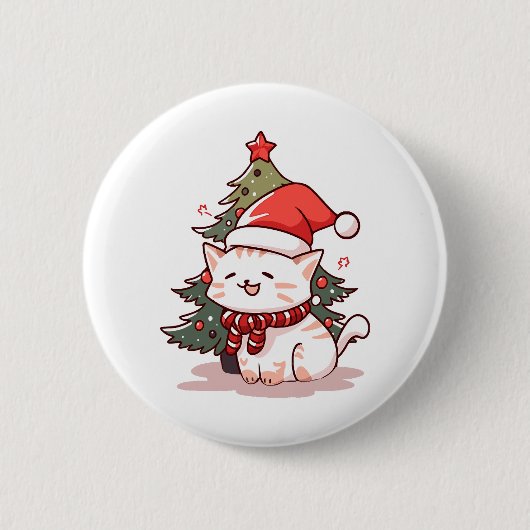クリスマスツリーのそばでサンタの帽子をかぶったかわいい猫 缶バッジ (正面)