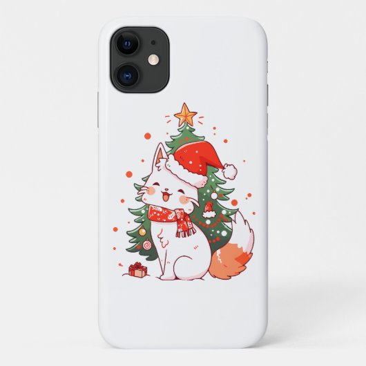 クリスマスツリーのそばでサンタの帽子をかぶったかわいい猫 Case-Mate iPhoneケース (裏面)