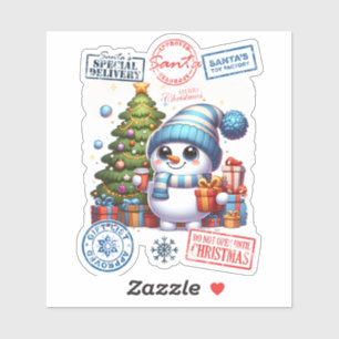 クリスマスツリーのそばでプレゼントに囲まれる陽気な雪だるま シール