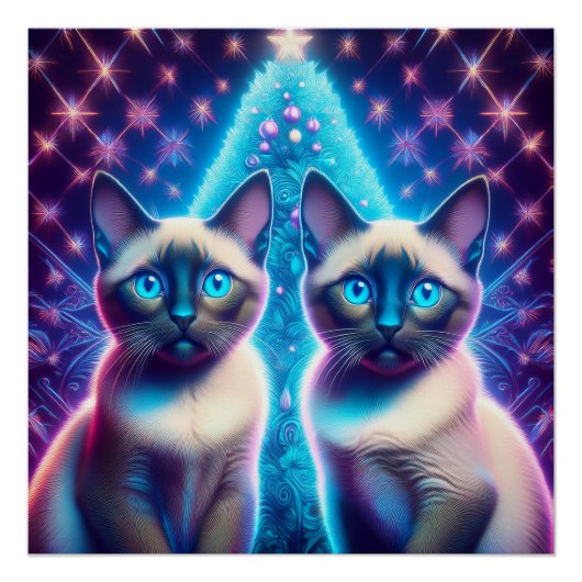 クリスマスツリーのそばでポーズをとるシャム猫2匹 ポスター (正面)