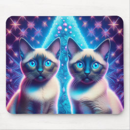 クリスマスツリーのそばでポーズをとるシャム猫2匹 マウスパッド