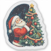 クリスマスツリーのそばで喜びを広げるサンタクロース シール (正面)