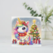 クリスマスツリーのそばに立つライトを飾ったユニコーン シーズンカード (スタンド正面)