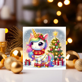 クリスマスツリーのそばに立つライトを飾ったユニコーン シーズンカード
