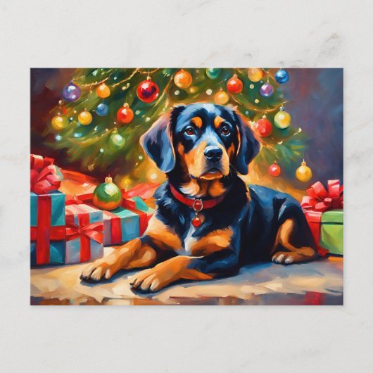 クリスマスツリーのそばのかわいい犬 シーズンポストカード (正面)