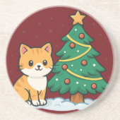 クリスマスツリーのそばのキャラクター猫 雪景色ステッカー コースター (正面)
