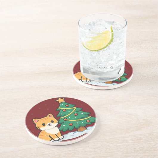 クリスマスツリーのそばのキャラクター猫 雪景色ステッカー コースター (側面)