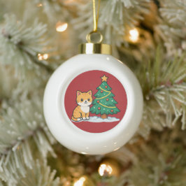 クリスマスツリーのそばのキャラクター猫 雪景色ステッカー セラミックボールオーナメント