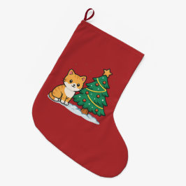 クリスマスツリーのそばのキャラクター猫 雪景色ステッカー ラージクリスマスストッキング