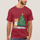 クリスマスツリーのそばのキャラクター猫 雪景色ステッカー Tシャツ (正面)