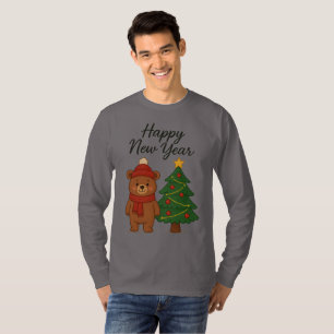 クリスマスツリーのそばの可愛い冬のくま あけましておめでとう Tシャツ