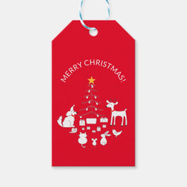 クリスマスツリーのそばの可愛い動物たち 赤 ギフトタグ