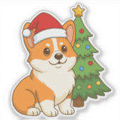 クリスマスツリーのそばの赤い帽子のかわいいコーギー犬 シール (正面)