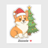 クリスマスツリーのそばの赤い帽子のかわいいコーギー犬 シール (シート)
