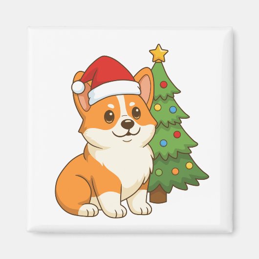 クリスマスツリーのそばの赤い帽子のかわいいコーギー犬 マグネット (正面)