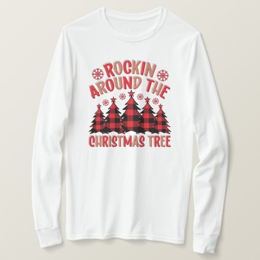 クリスマスツリーのまわりに長袖のロッキング Tシャツ (デザイン正面)