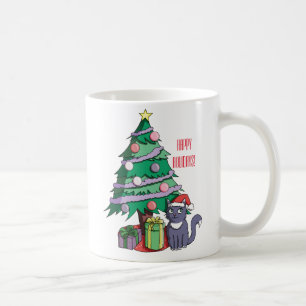 クリスマスツリーのイラストレーションの下のサンタかわいい猫 コーヒーマグカップ