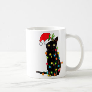 クリスマスツリーのイルミネーションに絡まった黒猫サンタ _1 コーヒーマグカップ