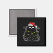 クリスマスツリーのイルミネーションに絡まるサンタ黒猫 マグネット (正面/裏面)