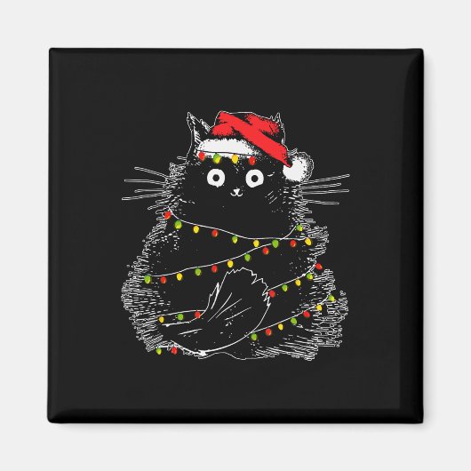 クリスマスツリーのイルミネーションに絡まるサンタ黒猫 マグネット (正面)