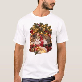 クリスマスツリーのイルミネーションの下で眠る猫 Tシャツ