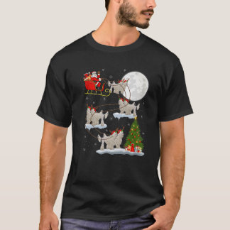 クリスマスツリーのイルミネーション サンタ 白色コード付き犬に乗る C Tシャツ