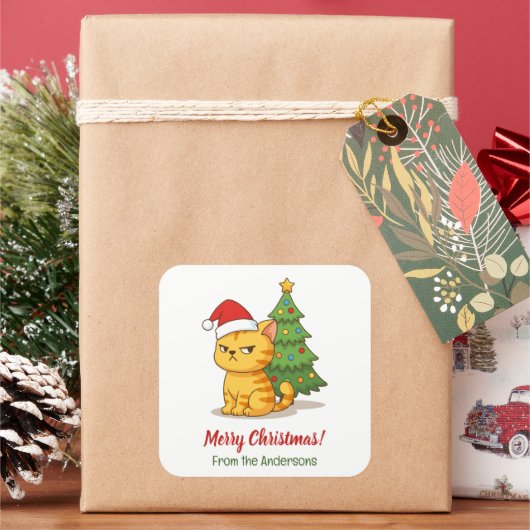 クリスマスツリーのオレンジトラ猫 赤い帽子 スクエアシール (クリスマス)