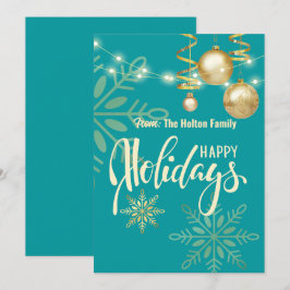 クリスマスツリーのオーナメントと金の雪の結晶が輝くホリデーシーズン 招待状