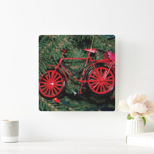 クリスマスツリーのオーナメントに自転車を贈る スクエア壁時計 (ホーム)