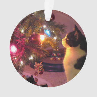 クリスマスツリーのオーナメントを持つ白黒猫 オーナメント