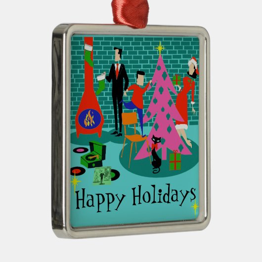 クリスマスツリーのオーナメントを整えているレトロ家族 メタルオーナメント (右)