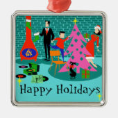 クリスマスツリーのオーナメントを整えているレトロ家族 メタルオーナメント (正面)