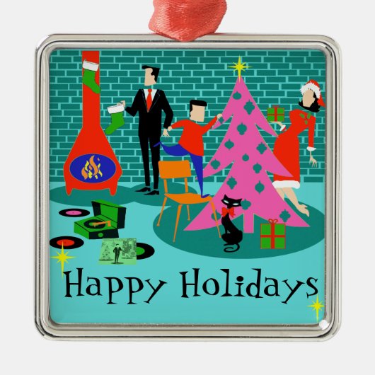 クリスマスツリーのオーナメントを整えているレトロ家族 メタルオーナメント (正面)