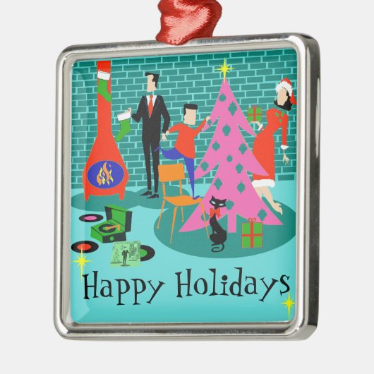 クリスマスツリーのオーナメントを整えているレトロ家族 メタルオーナメント (左)